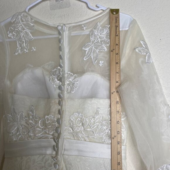 Elegant Lace Wedding Dress Size S ? Beige Sheer Embroidered 3/4 Sleeves & Illusi - Picture 14 of 16